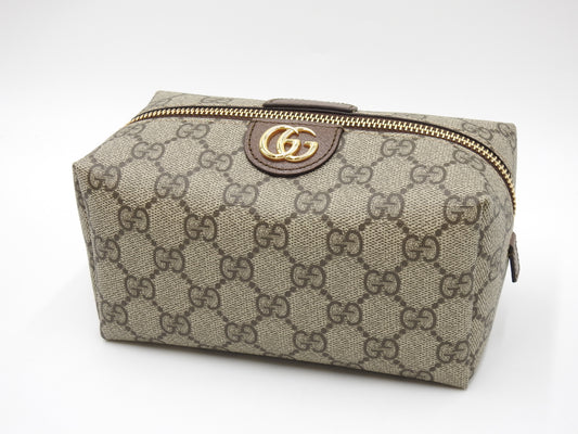 GUCCI GG Supreme Cosmetic Pouch PVC Leather Beige Brown Green 548393