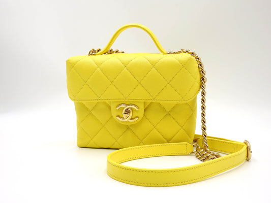 CHANEL CC Matelasse Top Handle Chain Shoulder Bag Caviarskin Yellow AS3729