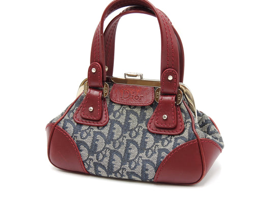 Christian Dior Trotter Kiss Lock Mini Hand Bag Canvas Leather Navy Red