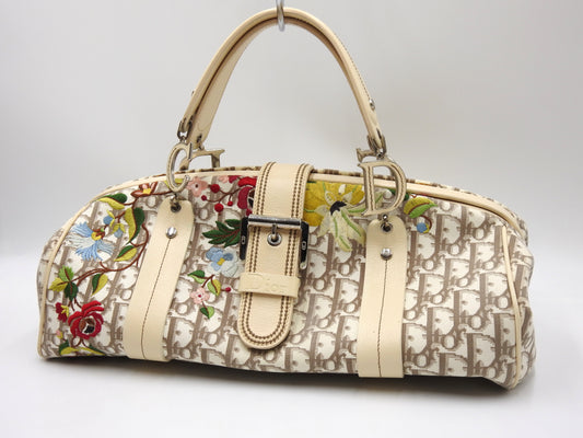 Christian Dior Trotter Embroidered Flower Tote Hand Bag Canvas Beige