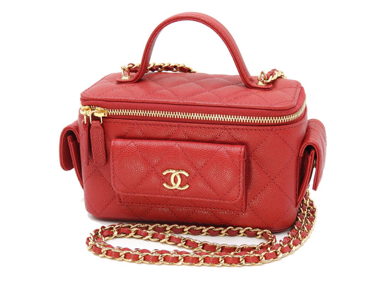 CHANEL CC Matelasse Top Handle 2way Chain Vanity Bag Caviarskin Red AP3017