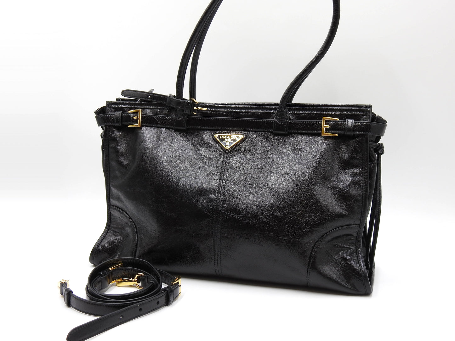 PRADA Bonnie Large 2way Shoulder Hand Bag Leather Black Gold Metal 1BA433