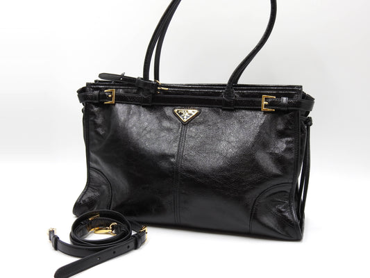 PRADA Bonnie Large 2way Shoulder Hand Bag Leather Black Gold Metal 1BA433