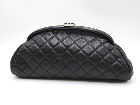 CHANEL Timeless CC Matelasse Clutch Second Bag Lambskin Black Silver