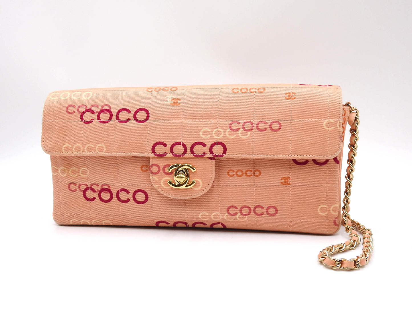 CHANEL COCO Chocolate Bar Chain Shoulder Bag Canvas Pink Gold A15316