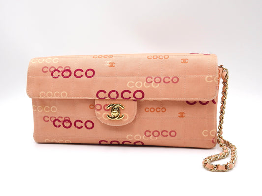 CHANEL COCO Chocolate Bar Chain Shoulder Bag Canvas Pink Gold A15316