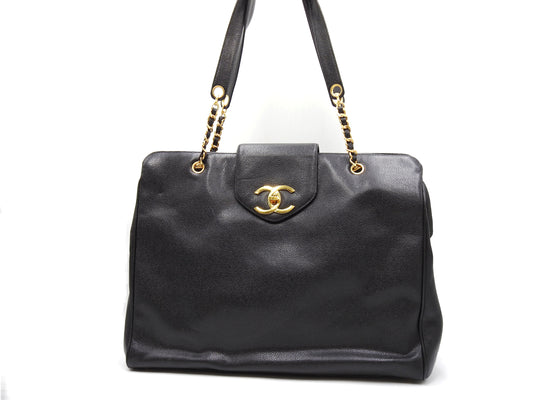 CHANEL Vintage Super Model Chain Shoulder Bag Tote Bag Caviarskin Black