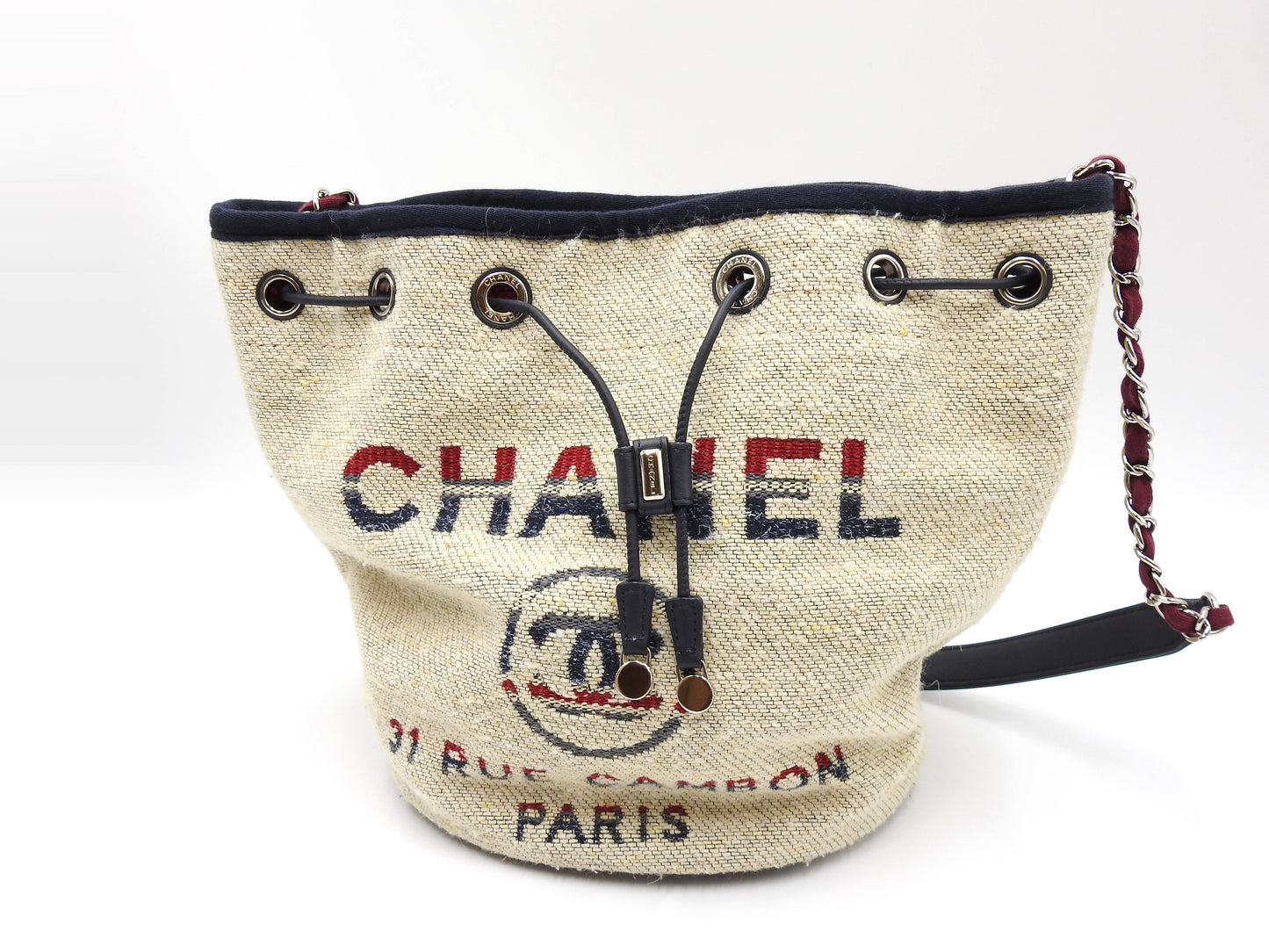 CHANEL Deauville Drawstring Chain Shoulder Bag Canvas Beige