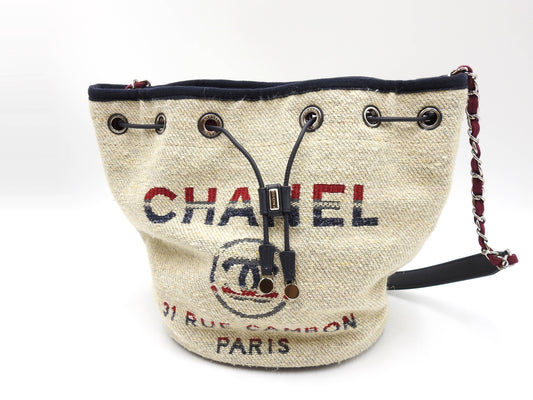 CHANEL Deauville Drawstring Chain Shoulder Bag Canvas Beige