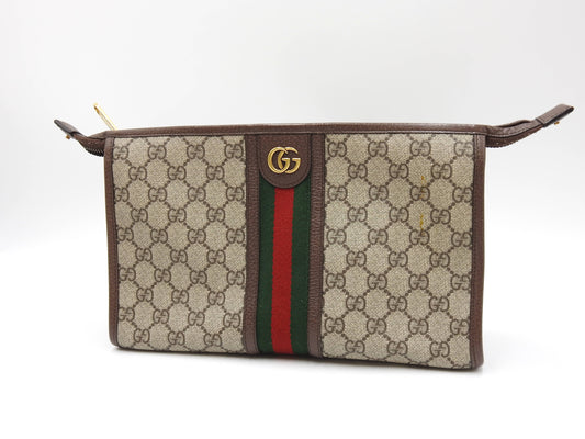 GUCCI Ophidia Web GG Supreme Toiletry Pouch Clutch Bag Beige Brown 598234