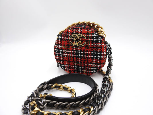 CHANEL 19 Round Chain Clutch Shoulder Bag Tweed Leather Red Black AP0945