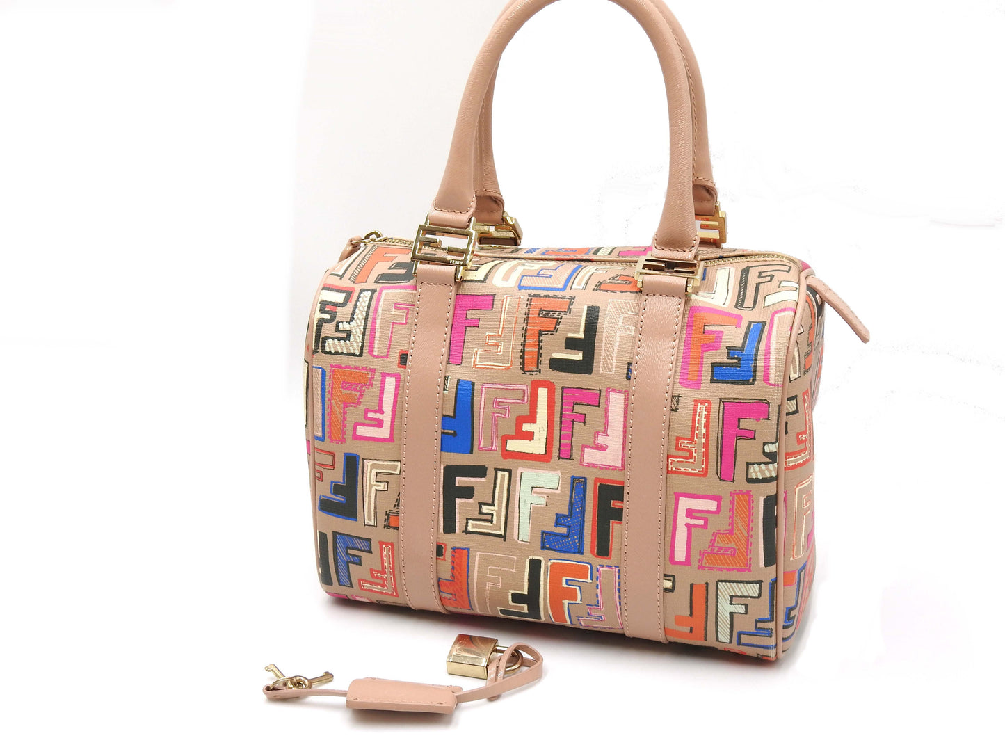 FENDI Zucca Boston Hand Bag PVC Leather Beige Multicolor 8BL068
