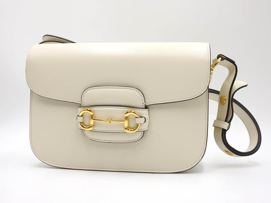 GUCCI Horsebit 1955 Shoulder Bag Leather White Gold Hardware 602204