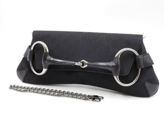 GUCCI GG Canvas Horsebit 2way Chain Clutch Hand Bag Leather Black 120134