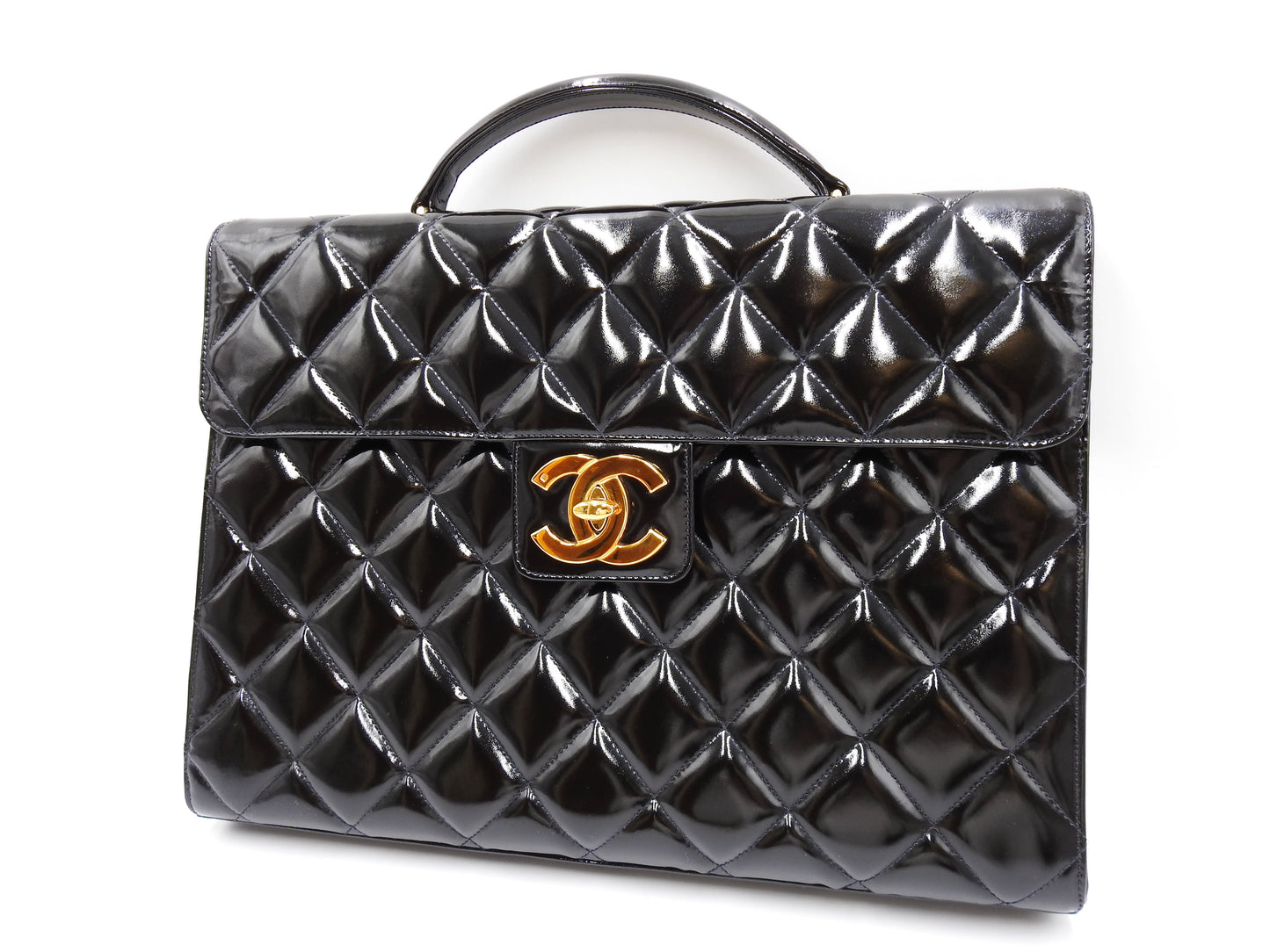 CHANEL CC Matelasse Briefcase Business Bag Enamel Patent Leather Black