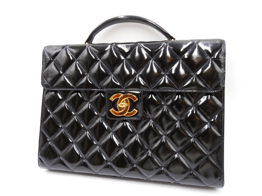CHANEL CC Matelasse Briefcase Business Bag Enamel Patent Leather Black