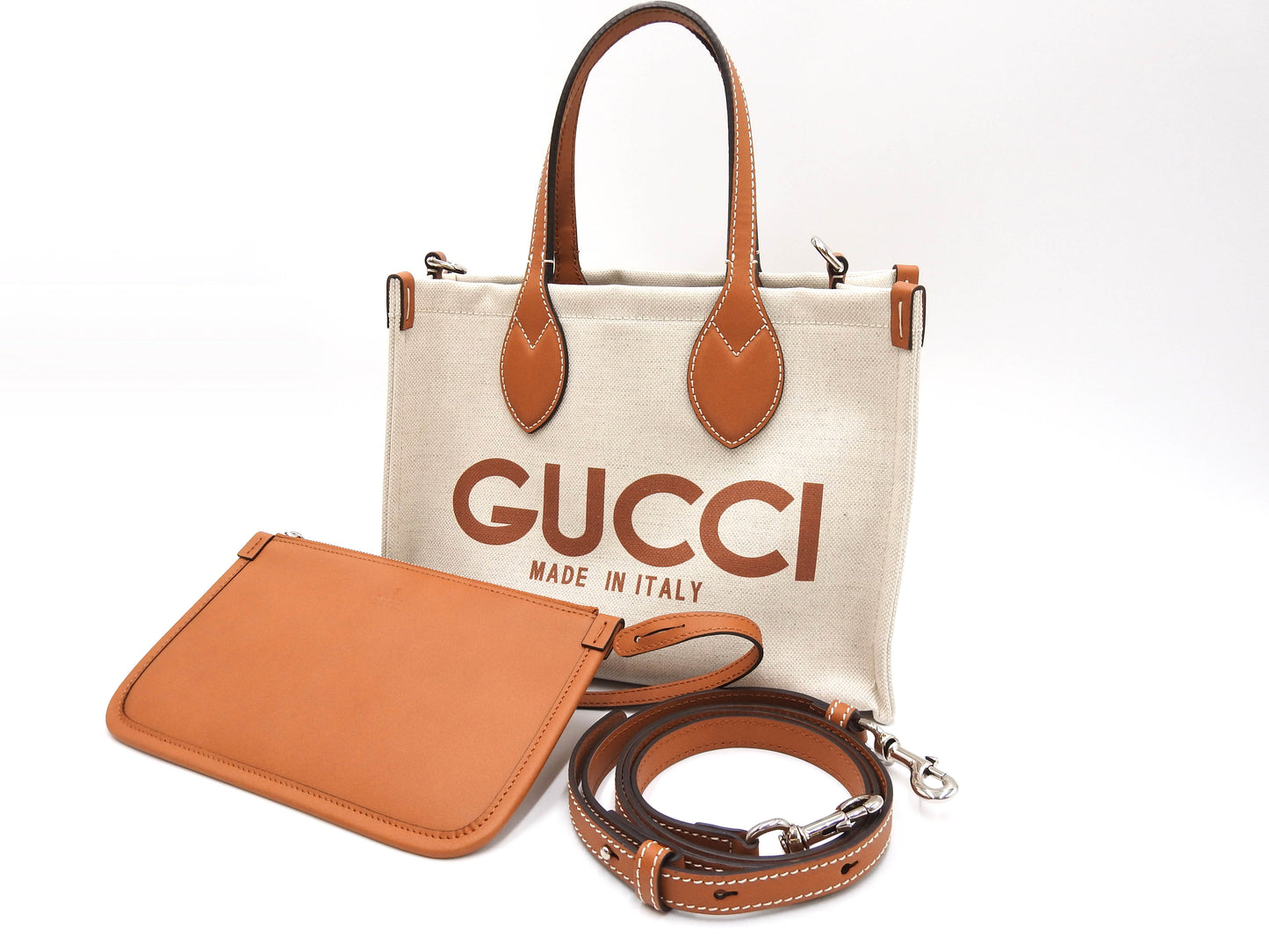 GUCCI Logo Print Medium 2way Shoulder Tote Bag Canvas Beige Brown 772144