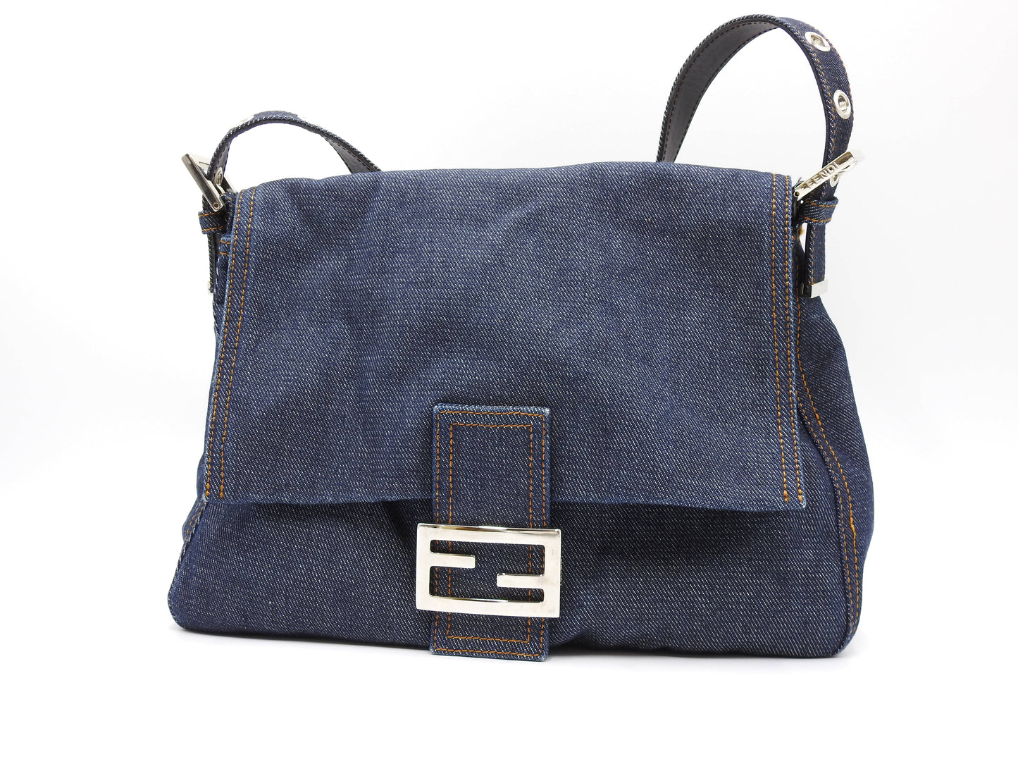 FENDI Mamma Baguette Shoulder Hand Bag Denim Navy Silver Hardware
