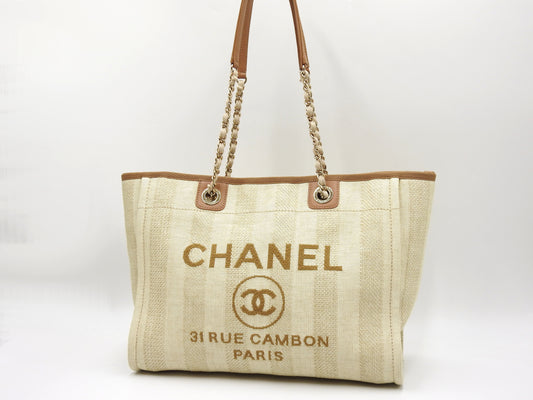 CHANEL Deauville MM Chain Tote Shoulder Bag Straw Canvas Beige Brown A67001