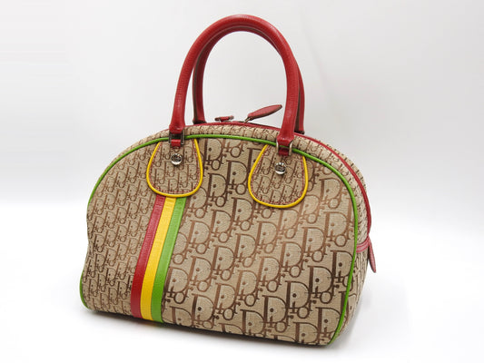 Christian Dior Trotter Rasta Mini Boston Hand Bag Canvas Tricolor Beige