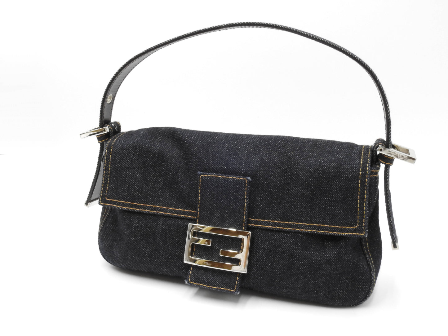 Auth FENDI Mamma Baguette Shoulder Hand Bag Denim Navy Silver Hardware
