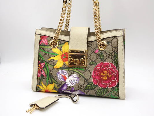 GUCCI GG Flora Supreme Padlock Small Tote Shoulder Bag Beige White 498156