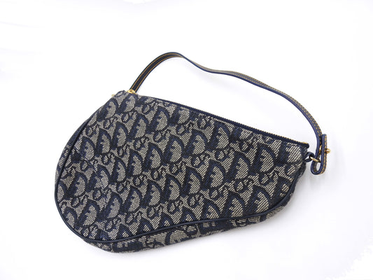 Christian Dior Trotter Saddle Pouch Shoulder Hand Bag Canvas Leather Navy