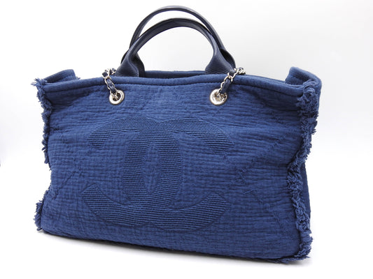 CHANEL Double Face Large Shopping Tote Shoulder Bag Canvas Navy A57180
