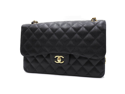 CHANEL CC Matelasse Jumbo Double Flap Chain Shoulder Bag Caviarskin A58600