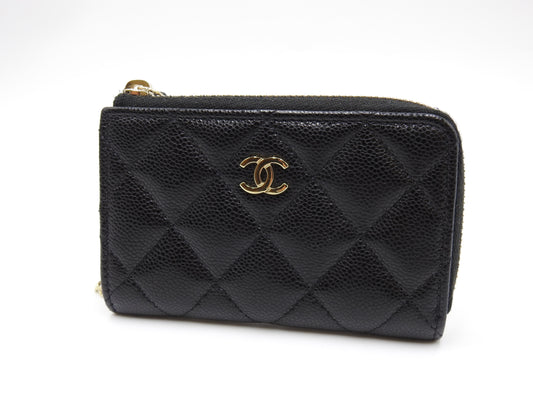 Chanel CC Matelasse Zipped Coin Purse Key Holder Caviarskin Black AP0221