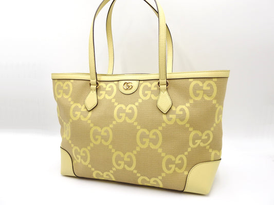 GUCCI GG Jumbo Medium Tote Shoulder Bag Canvas Leather Beige Yellow 631685