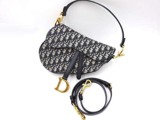 Christian Dior Oblique Jacquard Saddle Bag Shoulder Hand Bag Leather Navy