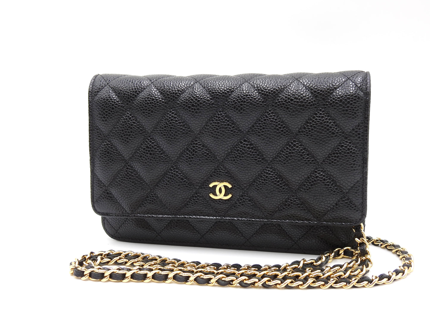 CHANEL CC Matelasse Wallet On Chain Shoulder Bag Caviarskin Black AP0250