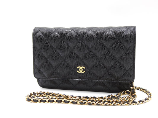 CHANEL CC Matelasse Wallet On Chain Shoulder Bag Caviarskin Black AP0250