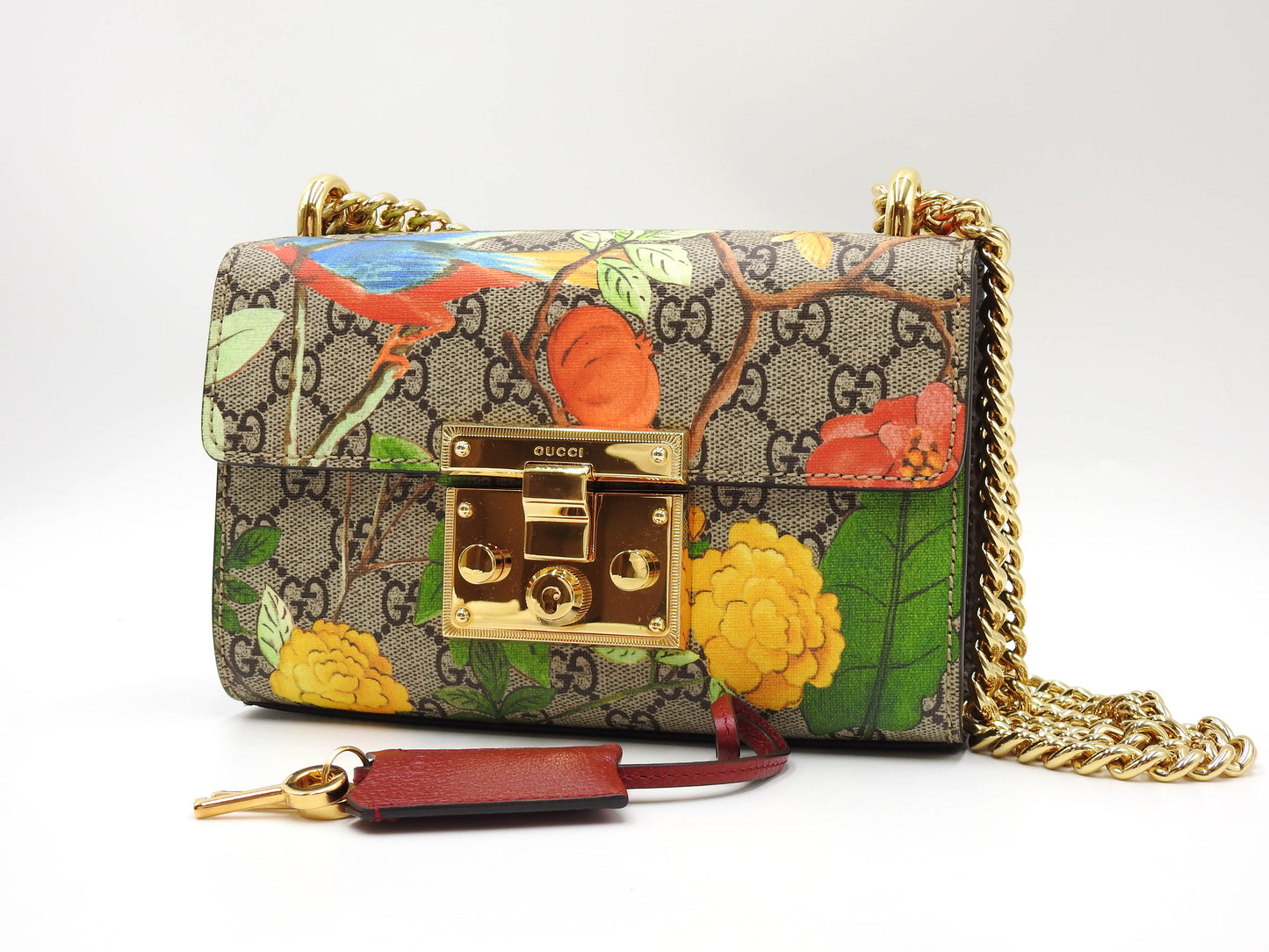 GUCCI GG Supreme Tian Padlock Small Chain Shoulder Bag Beige Brown 409487