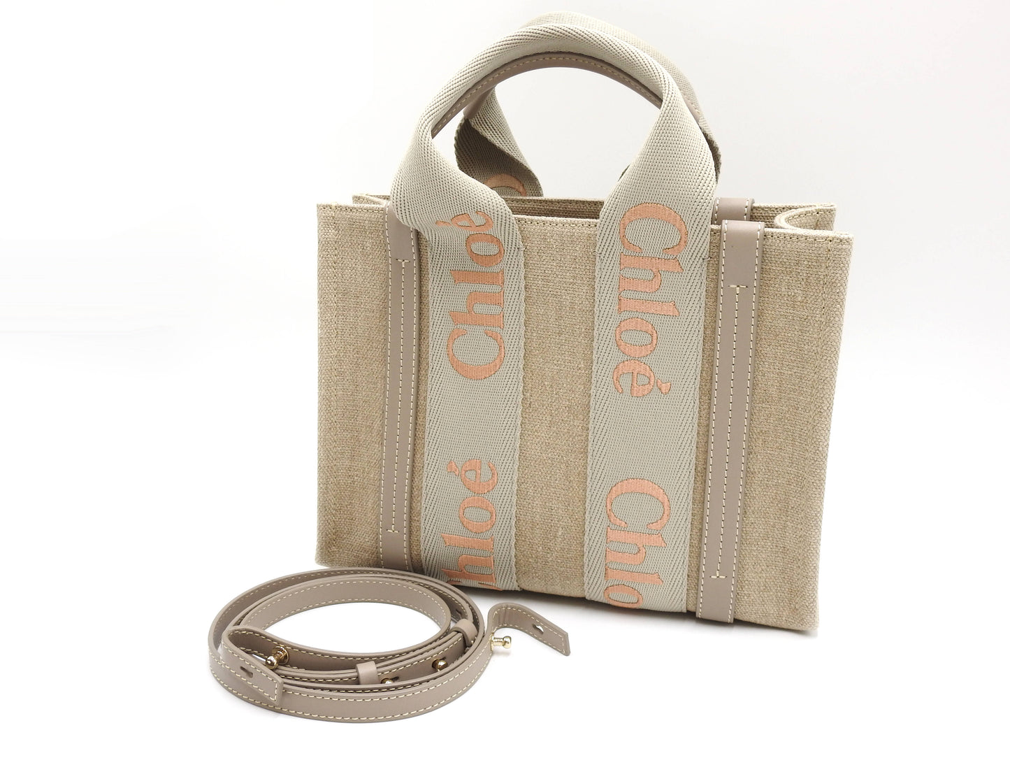 CHLOE Woody 2way Small Tote Bag Shoulder Bag Canvas Beige Gray