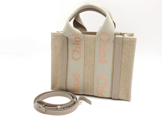 CHLOE Woody 2way Small Tote Bag Shoulder Bag Canvas Beige Gray