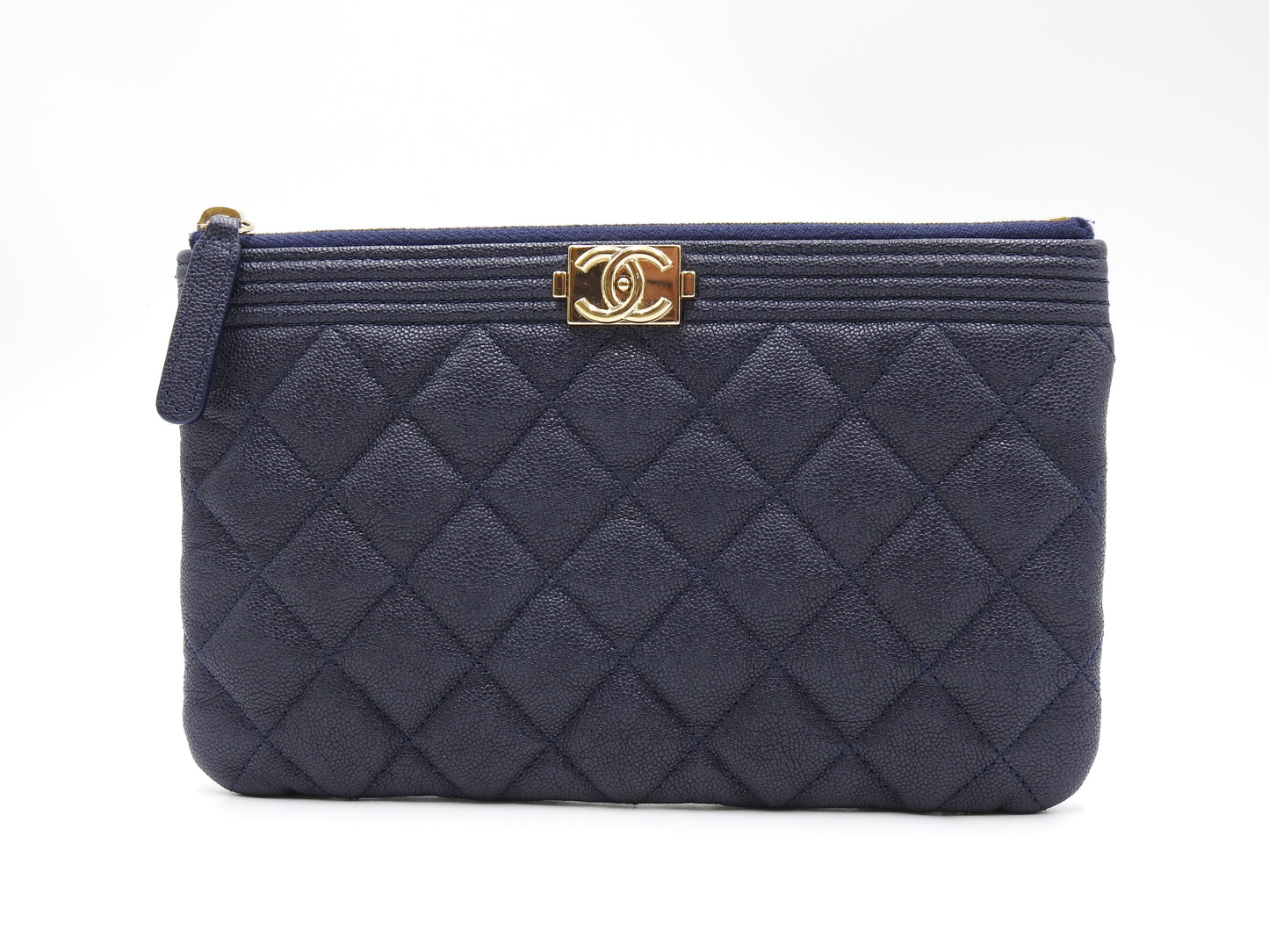 CHANEL Boy Small Cosmetic Case Pouch Caviarskin Navy Gold Hardware
