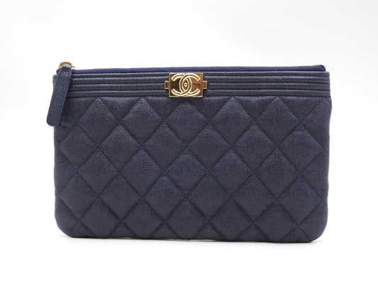 CHANEL Boy Small Cosmetic Case Pouch Caviarskin Navy Gold Hardware