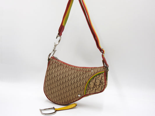 Christian Dior Rasta Trotter Saddle Shoulder Bag Canvas Beige Multicolor