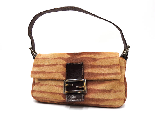 FENDI Leopard Mamma Baguette Shoulder Hand Bag Leather Brown Silver