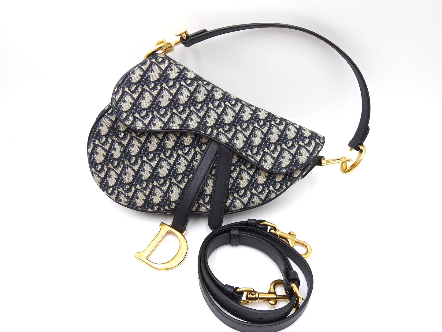 Christian Dior Oblique Jacquard Saddle Bag Shoulder Hand Bag Leather Navy