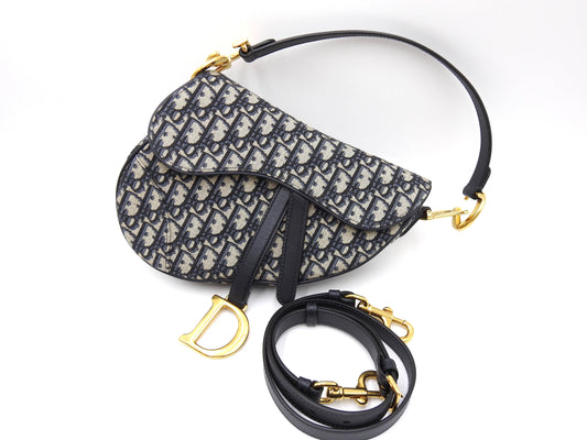 Christian Dior Oblique Jacquard Saddle Bag Shoulder Hand Bag Leather Navy