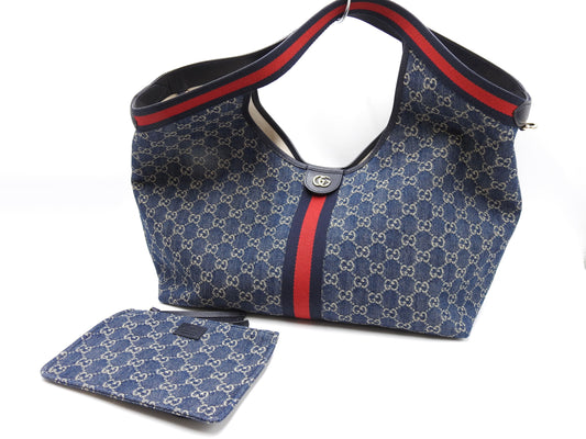 GUCCI GG Denim Giglio Large Hobo Tote Shoulder Bag Canvas Blue 853971
