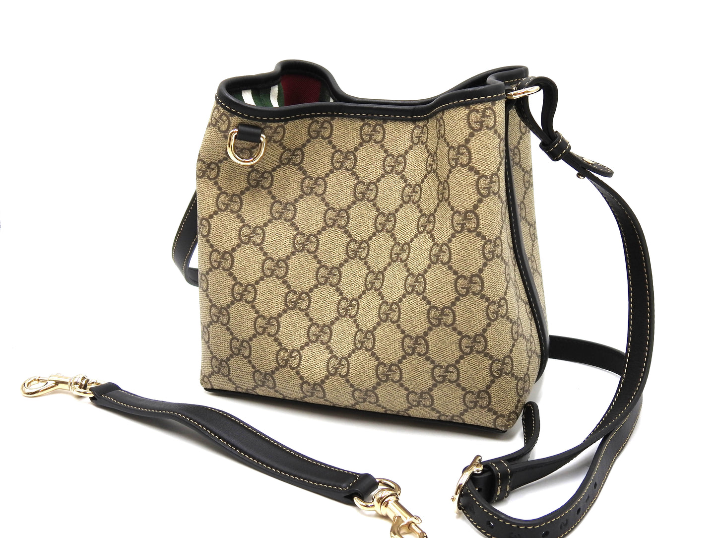 GUCCI GG Emblem Supreme Small Bucket Shoulder Bag Beige Black 815118