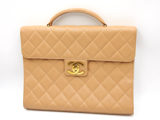 CHANEL CC Matelasse Briefcase Business Bag Caviarskin Leather Beige Gold