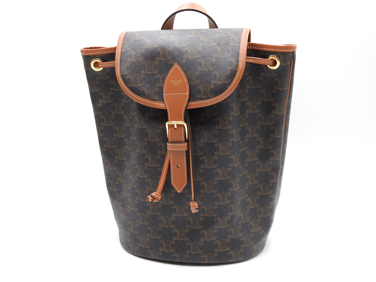 CELINE Triomph Folco Medium Backpack Bag PVC Canvas Tan Dark Brwon 197662