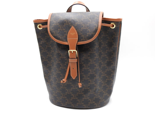 CELINE Triomph Folco Medium Backpack Bag PVC Canvas Tan Dark Brwon 197662
