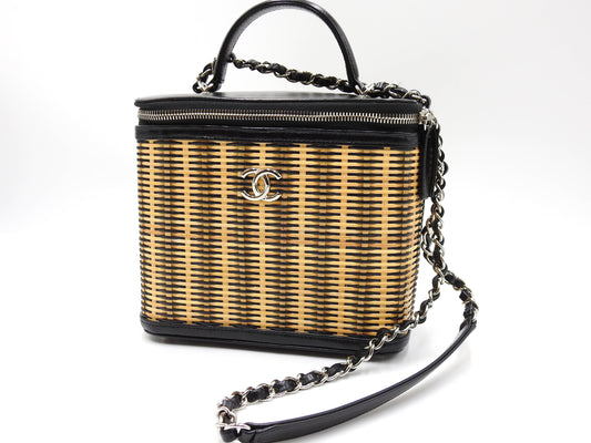 CHANEL CC Top Handle Chain Shoulder Vanity Bag Raffia Leather Beige Black