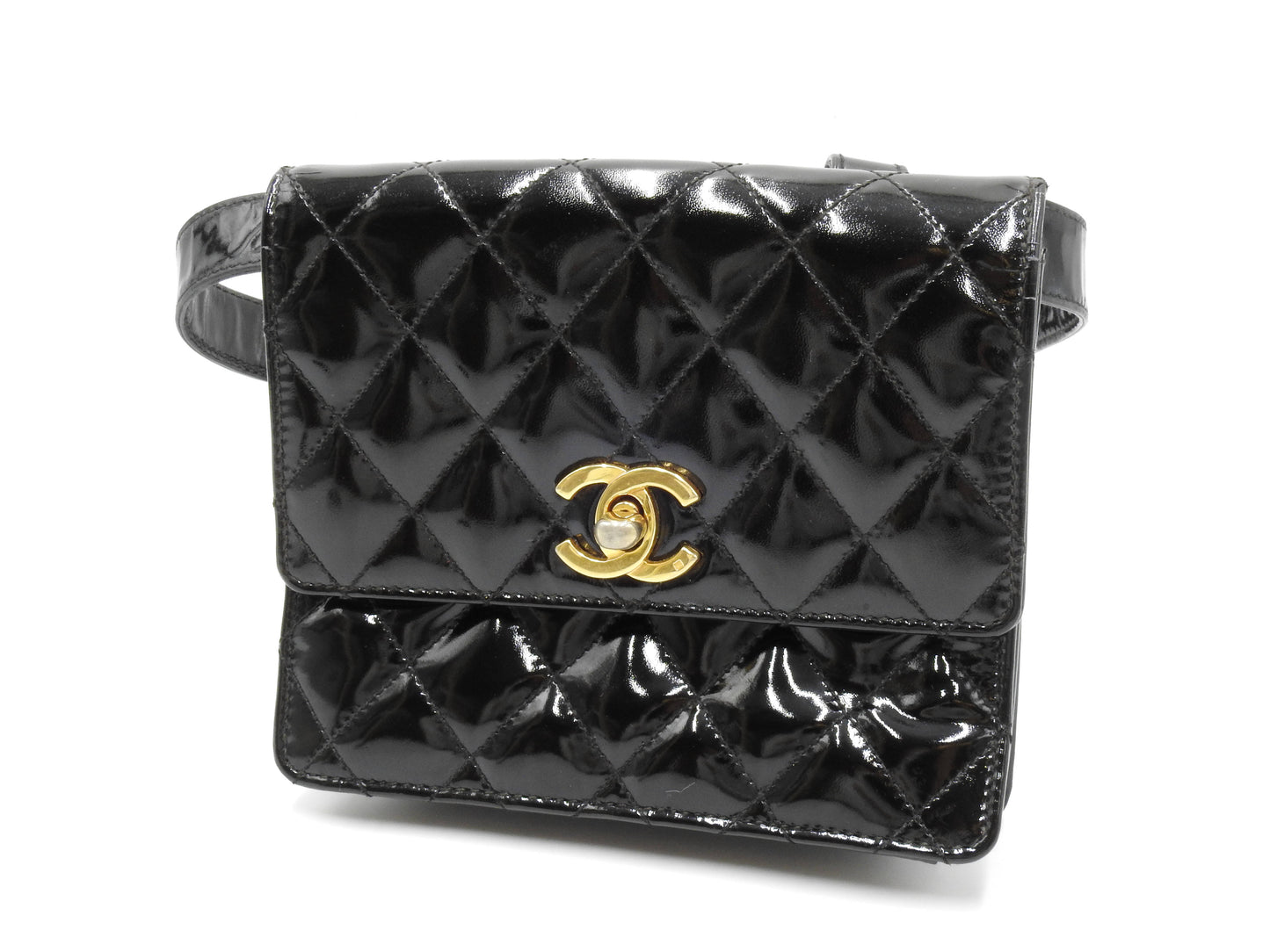 CHANEL CC Matelasse Mini Waist Belt Bag Enamel Patent Leather Black Gold